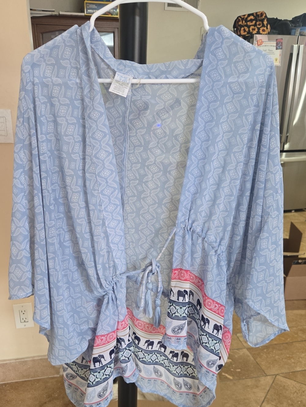 Time and Tru Sheer Blue Patterned Tie-Front Tunic with Coral and Navy Accents